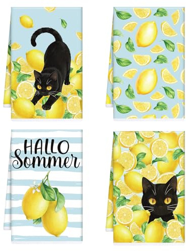 Afritee 4 Stück Zitrone Katze Küchenhandtücher, Hallo Sommer Geschirrtücher 40x60 cm, Saugfähig Küche Frühling Sommer Dekoration