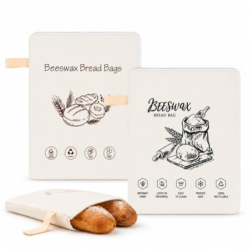 Brotbeutel Bienenwachs, Wiederverwendbarer Brotbeutel zum Frischhalten, Brotaufbewahrung mit L-Reißverschluss & Tragegriff, Brotsack für Brot, Obst, Gemüse und Backwaren, 2er Set