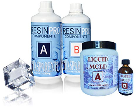 Resin Pro KIT 800GR RESINE EPOXY TRANSPARENTE + CAOUTCHOUC DE SILICONE LIQUIDE GR 500 pour moulage et créations artistiques.