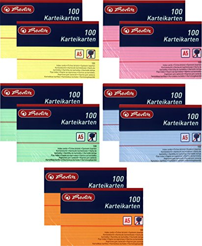 Herlitz Karteikarten A5, 170 g/m², holzfrei, 100er Packung, liniert (Gemischte Farben, 10 Packungen)