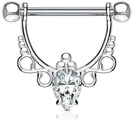 Tapsi´s Coolbodyart Nippelpiercing Chirurgenstahl Damen & Herren [Tropfen Zirkonia Ornament] 14mm | Brustwarzenpiercing | Nipple Piercing | Brustpiercing Frau | Nippelschmuck | CBAK19116_C