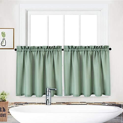 NANAN Gardinen, Stufenvorhang, Waffelgewebe, strukturierte Stangentasche, zugeschnitten, kurze Vorhänge für Badezimmer, wasserdichte Fensterabdeckung, Küche, Café – 76,2 x 61 cm, Salbei, 2 Stück