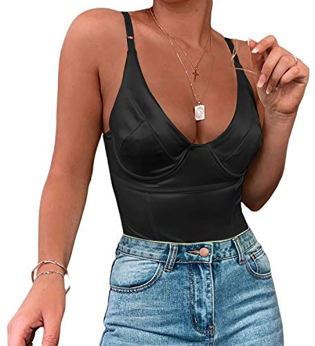 Velius Damen Sexy Tiefer V-Ausschnitt Glänzend Tanga Trägerbody Bodysuit Tank Tops mit Bügel - Schwarz - X-Large