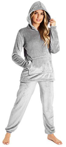 CityComfort Schlafanzug Für Damen, 2-Set Pyjama Mit Lange Oberteile Und Hosen, Polar Fleece Hausanzug, Kuschelige Und Warmes Flanell Nachtwasche, PjS Für Frauen, Geschenke Für Damen (M, Dunkelgrau)