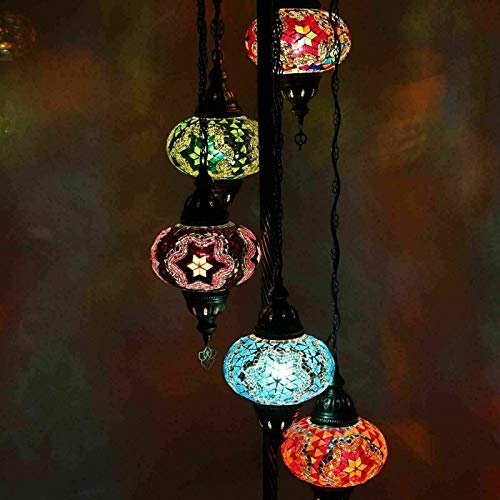 ENVA Turkish Moroccan Mosaic Floor Lamp Light, Handmade Glass Mosaic Multicolour Tiffany Floor Lamp Light 5 Large Globe-with LED Bulb