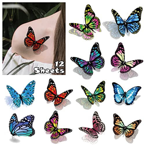 Acevegue 110 Pièces Faux Tatouages, 3D Coloré Petits Papillons Tatouages Ephemere Femme Déco Papillons, Tatouages Adultes Adhésifs à Coller Autocollant Fille Cadeau Anniversaire Fête Déco