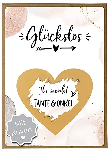 Joli Coon Rubbelkarte Ihr werdet Tante und Onkel, mit Kuvert | 350g Designerpapier, fühlbare UV-Lack-Veredelung, naturfarbenes Steckkuvert mit goldenem Herz, Premium-Papeterie