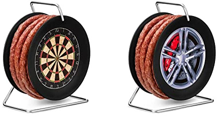 WURSTBARON® Wurst Dartscheibe Dartboard - 3,5m Snack Salami nach Krakauer Art auf einer Mini Rolle Trommel schwarz, 240 g & Wurstfelge -Kabeltrommel auf Felge -Wurst, 240 g