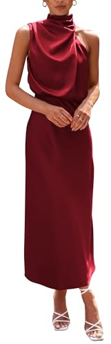 PRETTYGARDEN Women's 2025 Summer Satin Dress Elegant Sleeveless Mock Neck Cocktail Party Maxi Dresses (Dark Wine Red,Large)