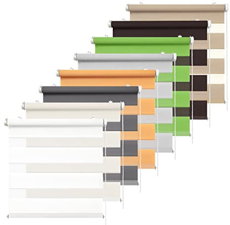 Rikmani Doppelrollo Fensterrollo ARD Duo-Rollo Klemmfixierung Zebrarollo Seitenzugrollo ohne Bohren, lichtdurchlässig und verdunkelnd Weiss 65-150