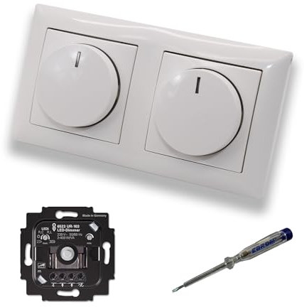 Busch Jäger 6523UR-103 (2 Stück) LED Drehdimmer Dimmer + Dimmerscheiben 2115-914 in BalanceSi alpinweiß glänzend im 2-fach Rahmen inkl. EBROM Phasenprüfer zur Montage der Geräte 6523 UR-103