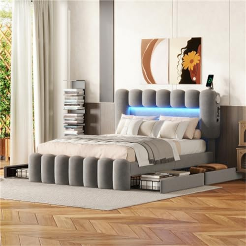 Tcewhhy Cama Tapizada 140x200 Cm con 4 Cajones Cama Doble con Tira De Luz LED USB Y Equipo De Música Cama Juvenil para Adultos Jóvenes Canapés Cama De Invitados Gris