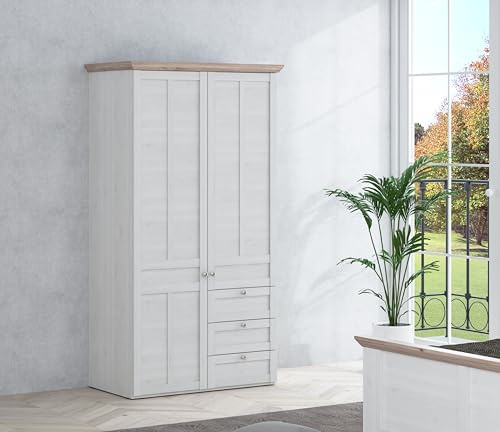 FORTE ILOPPA Schrank 100 110, Kleiderschrank Drehtürenschrank Landhausstil 2-türig Schubladen Einlegeböden Kleiderstange Holzdekor: Schnee Eiche / Nelson Eiche 105 cm breit x 193 cm hoch x 57 cm tief