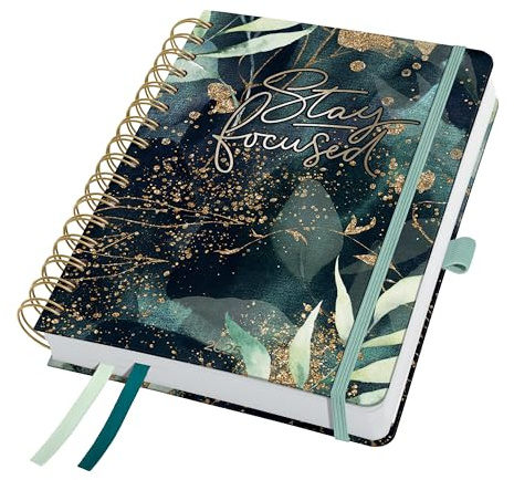 SIGEL J5603 Spiralkalender 2025 A5, Jolie Glamorous Leaves, Hardcover, Gummiband, Stiftschlaufe, Einstecktasche, 2 Zeichenbänder, 240 Seiten, vegan, Buchkalender, Terminplaner