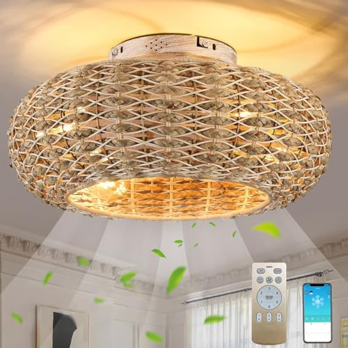 Takfläkt Med Belysning, Rotting E27-lampa Med Fläkt, Med Fjärrkontroll Och App, Tyst 6 Vindhastigheter, Reversibel Timer, Taklampa Med Fläkt, Lämplig För Vardagsrum, Sovrum, Matsal, 50cm