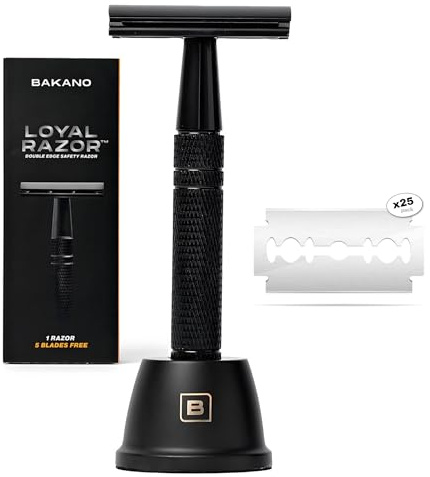 BAKANO LOYAL SAFETY RAZOR-Maquinilla de Afeitar Doble Filo para Hombre. Set de Afeitado Manual. Cuchilla Clasica. Maquinilla Afeitar Hombre. CUCHILLAS Y SOPORTE INCLUIDO