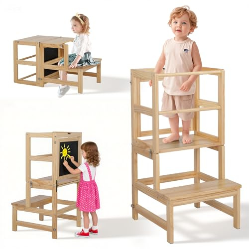 LEADZM Tour d'Observation Montessori dès 18 Mois - 3-en-1 Pliable avec Tableau Noir et Réglage de Hauteur | Sécurité Anti-Bascule & Design en Bois Robuste pour Cuisine, Salle de Bain et Espace Enfant