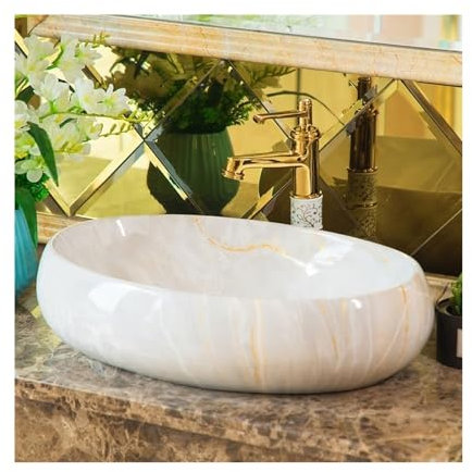 GLigeT Lavabo Vasque à Poser Lavabo de Salle de Bains Ovale en céramique, Texture Imitation marbre, lavabo de comptoir, Salle de Bains, lavabo en céramique avec Accessoires Lavabo Salle de Bain