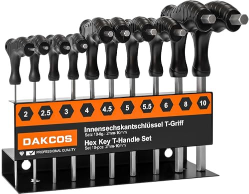 DAKCOS 10 tlg Sechskantschlüssel Set mit T-Griff Innensechskant-Stiftschlüssel Sechskantschraubendreher mit Quergriffen | Metrisch 2mm-10mm | Cr-V