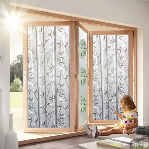 Fensterfolie Sonnenschutz 40 x 200 cm, Privatsphäre, Uv-Schutz, Sonnenschutz, Gegen Hitze, Haftend Ohne Klebstoff, Klebefolie Milchglasfolie Fenster, Bambus