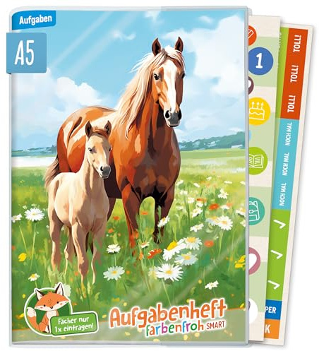 Häfft® Hausaufgabenheft Grundschule A5 ohne Datum Pferde | Immer sichtbarer Stundenplan - undatiertes Aufgabenheft Farbenfroh Smart inkl. Schutzumschlag + Sticker
