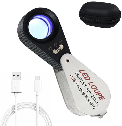 Juwelierlupe mit UV- und LED-Lichtern, wiederaufladbar, 10-fache Lupe, 22 mm, optisches Glas, Triplettlinse, Schmucklupe, Faltbare Vergrößerung für Schmuck, Steine, Münzen, 10 Stück