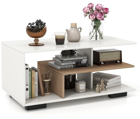 COSTWAY Tavolino da Caffè Rettangolare, Tavolo da Salotto Moderno con Mensola Centrale a Forma di L, Tavolino a 3 Livelli per Soggiorno, Sala di Ricevimento e Ufficio (Bianco)