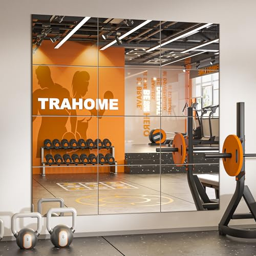 TRAHOME Wall Mirror Tiles, 16x12x12PCS Full Length Home Gym Mirror for Garage, Bedroom, Living Room, Over The Door