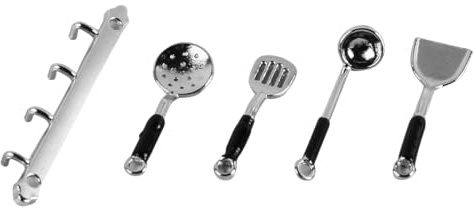 FONGKNOX Set di 5 utensili da cucina in miniatura in scala 1/12, rame, accessori per la casa delle bambole, accessori da cucina in miniatura, argento