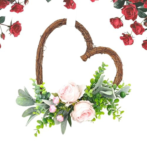 13.8 Inches Valentines Day Wreaths With Flower And Eucalyptus | Heart Wreath For Front Door | Room Decor Aesthetic Bedroom | Vine Wreath Handmade With Flower And Eucalyptus For Front Door