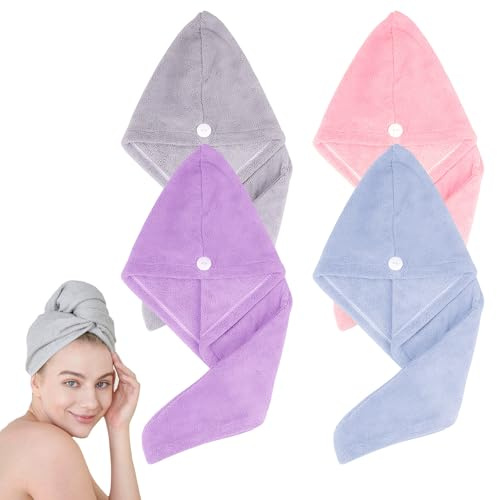 GTNCE 4STK Mikrofaser Handtuch Haare Locken Lang Turban Handtuch mit Knopf | Kein Haarausfall Super Saugfähig Haarhandtuch Passend für Lange Kurze Locken Gerade Haare Kopfhandtuch mit Knopf Haarturban