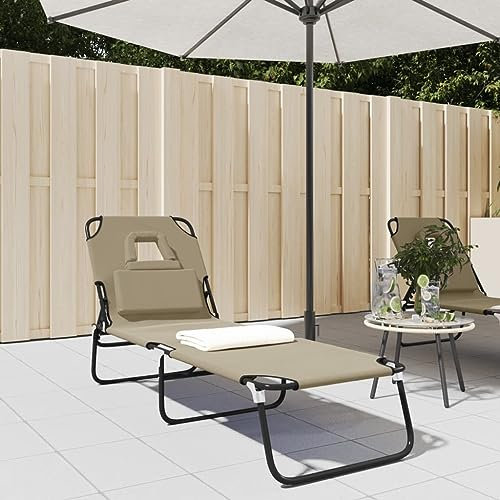 Myheimly Sonnenliege, Gartenliege Klappbar Verstellbar, Relaxliege mit Kissen Gesichtsloch, Strandliege Liegestuhl, Oxford-Gewebe Pulverbeschichteter Stahl Taupe
