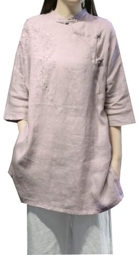 PRINCESS BRIDE Blusa bordada de algodón y lino con botones de rana, estilo retro Hanfu, para verano, traje de tang, camiseta de té, ropa de meditación zen para mujer, rosa, L-XL