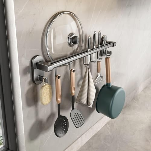 Mustorn Hakenleiste Küche ohne Bohren Küchenhaken Selbstklebend Haken Küche Küchenstange Küchenreling Stange für Küchenutensilien Küchenleiste mit 6 Bewegliche Haken Küchenstange 40cm(Grau)