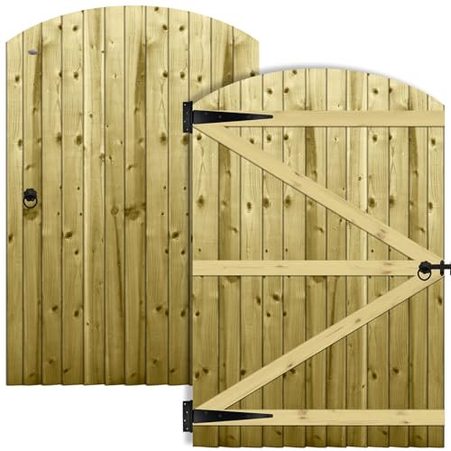Arch Top Wooden Garden Gate 6x4ft - Feather Edge Semi-Braced Treated Timber Door + Ring Latch Hinge Pack, H:6ft x W:4ft Ideal for Outdoor Pathway Home Access (High: 180cm x Wide: 120cm)
