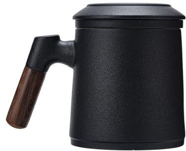 ASIAD Teetasse mit Deckel und Sieb, 400ml Große Holzgriff Teebecher mit Gradienten Geprägtem Muster, Matte Keramik Teetassen mit Teesieb für Tee Geschenke,Schwarz