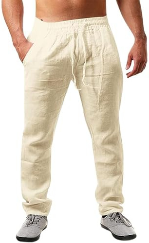 JESDM Pantalon Coton Lin Homme Décontractés de Plage Léger Été Casual Yoga Pants avec Cordon Elastique Grande Taille Beige XL