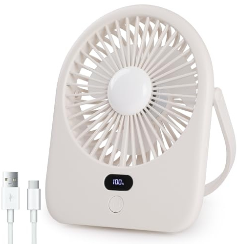 Secpeak Ventilador Portátil Recargable, 5 Velocidades & Angulo Ajustables, Batería 1200mAh, Mini Ventilador de Mesa USB Silencioso con Pantalla de Batería para Oficina, Hogar y Camping - Blanco