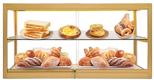Vetrina Espositiva For Pasticceria A 2 Ripiani, Da Banco, For Panetteria Commerciale, Con Piano In Metallo, Vetrina In Vetro Temperato, Ante Scorrevoli In Vetro Con Serratura(Gold,60cm)