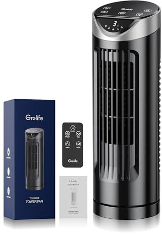 Grelife Turmventilator mit Fernbedienung, 13 Ventilator Leise mit 3 Modi 3 Geschwindigkeiten, 90° Oszillierend Tischventilator, 8-Std-Timer, LED-Anzeige, Geeignet für Wohnzimmer, Schlafzimmer