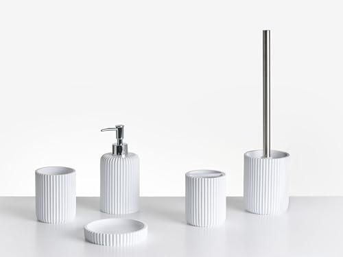 Badaccessoires Set 5-teilig Kunstharz weiß Rillenoptik Bad-Zubehör Camana