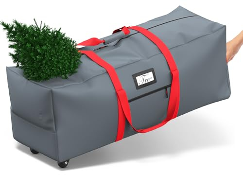Mrrihand Christmas Tree Storage Bag, Large Artificial Anti-Tear Heavy-Duty 600D Oxford Cloth Xmax Christmas Tree Storage Box with Rolling Wheels, Christmas Tree Storage Container (Grey&Red, 9Ft)