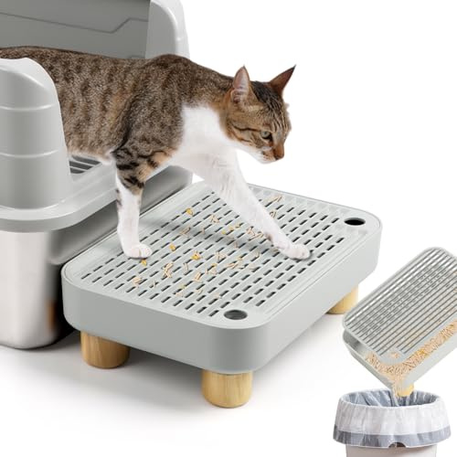 Kalolary Rampa Lettiera per Gatti Base Legno Sgabello Pedale Gatti con Funzione Filtro Facile Pulire Toilette Animali Domestici Gradino Anteriore Lettiera Trappola Gattini Anziani(Grigio Chiaro)