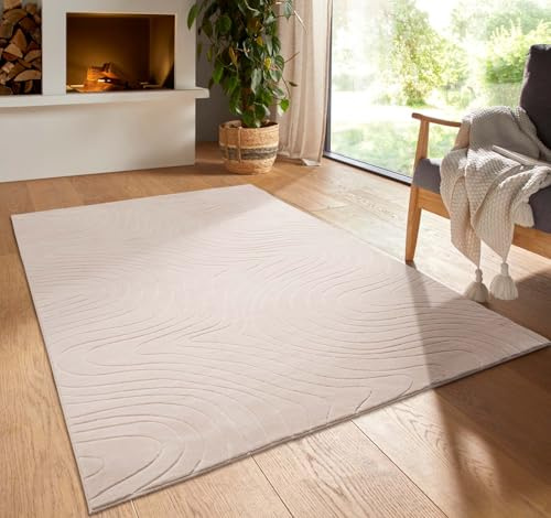 Kurzflor Boho Vintage Teppich waschbar, pflegeleicht geeignet für Wohnzimmer, Schlafzimmer und Kinderzimmer Kinderteppich auch als Badematte Badzimmerteppich Beige abstrakte Wellen 080 cm rund