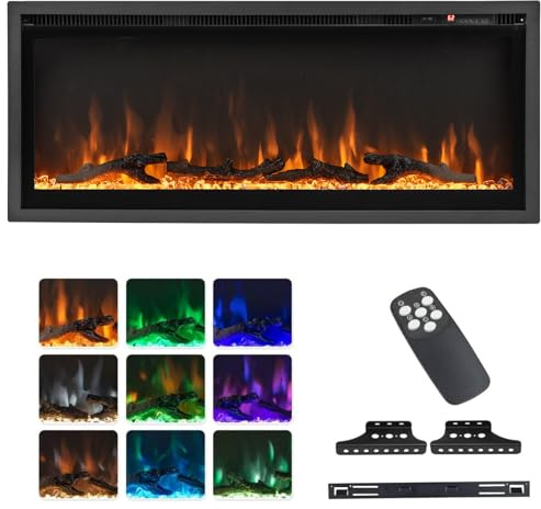 TANGZON 36/42/50 Electric Fireplace, Wall Mounted Recessed Freestanding Fireplace Heater with Log & Crystal Decor, 9 Flame Colors, 5 Brightness, Remote Control & 8H Timer (106 x 14 x 45cm)