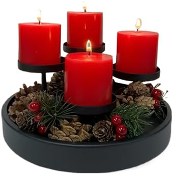 Portavelas de Adviento, bandeja redonda de 4 ranuras, candelabros de hierro, centro de mesa de Navidad, para interiores y exteriores, decoración de bodas, fiestas, oficina, apartamento, hotel, mesa de