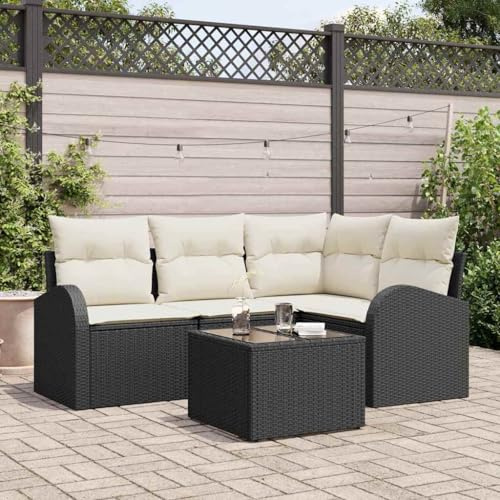 YuuSsea Garten Loungeset, 5-teiliges Poly-Rattan Sofa Set Schwarz-Weiß, Modular, Wetterfest, mit Kissen, für Terrasse, Balkon, Garten, UV-beständig, 440 kg Traglast