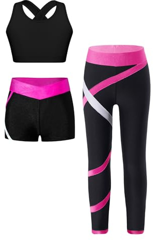 Alvivi Conjunto Chandal Corto Niña de Tres Piezas con Crop Top Deporte y Pantalones Cortos y Leggings Largos de Elásticos Ropa Entrenamiento Gimnasia Deportiva Rosa Caliente A 15-16 años
