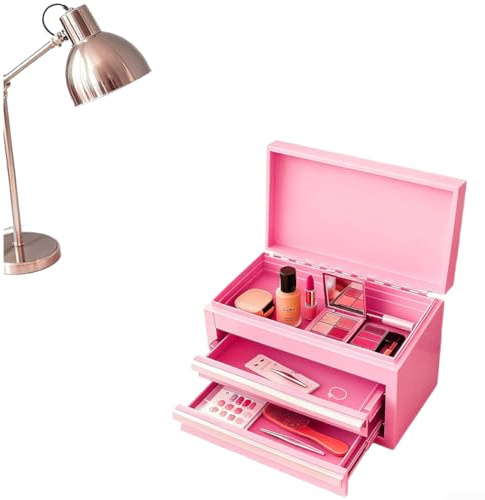 Metal Toolbox with 3 Organized Compartments for Storing For MINI Tools Household Items and Office Accessories (Pink)