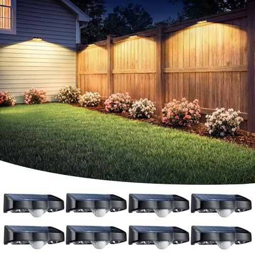 nibuuecer Solar Fence Lights Outdoor, 8 Pack Warm White 3000K LED Garden Lights Solar Powered with PIR Motion Sensor 3 Modes IP65 Waterproof Dusk to Dawn for Wall Patio Deck Backyard Garden Decorative